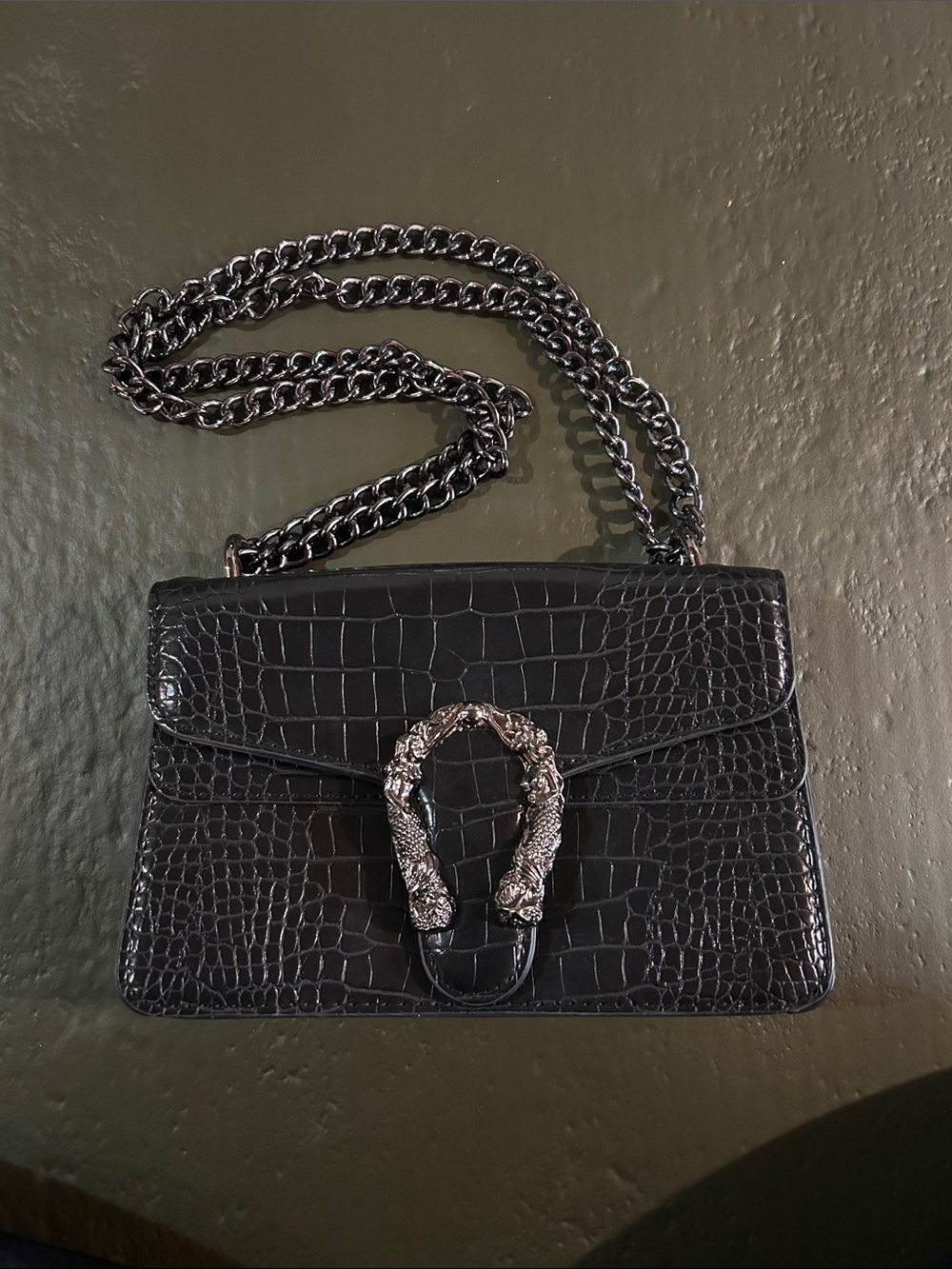 Black Croc-Embossed Shoulder Bag with Silver Hardware